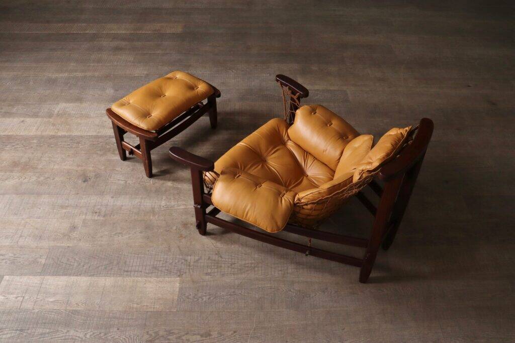 Jangada lounge chair with ottoman in cognac leather by Jean Gillon, Brazil, 1960s