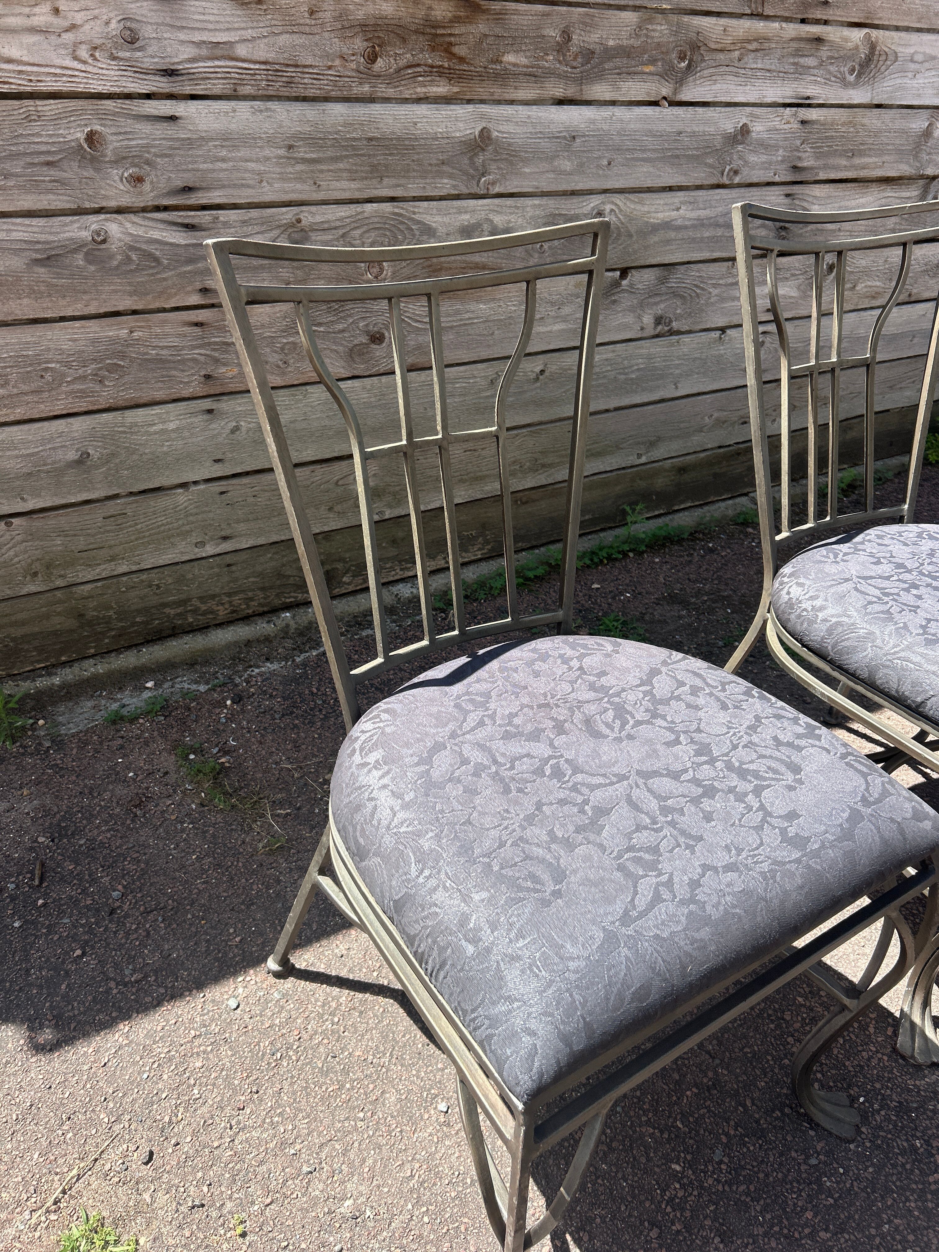 6 wrought iron chairs with fabric seats