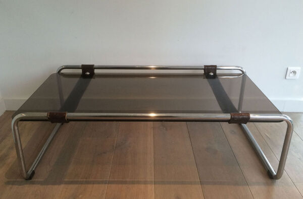 Table basse en chrome, cuir et verre fumé