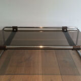 Coffee table in chrome, leather and smoked glass