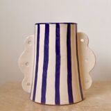 Blue and white striped ceramic abstract vase