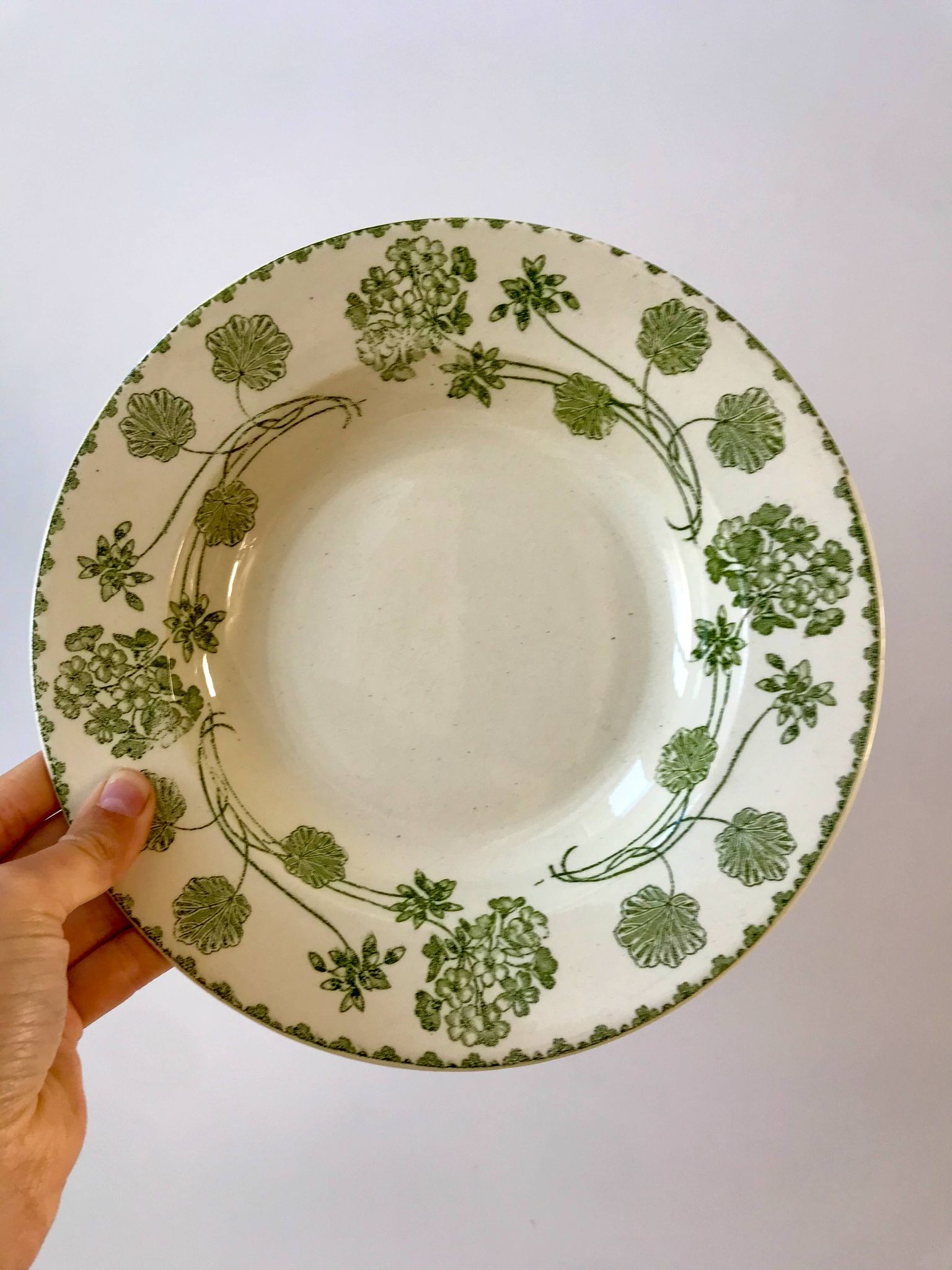 set of 8 hollow plates in Digoin Sarreguemines Iron Earth model "Geranium" green late 19th century