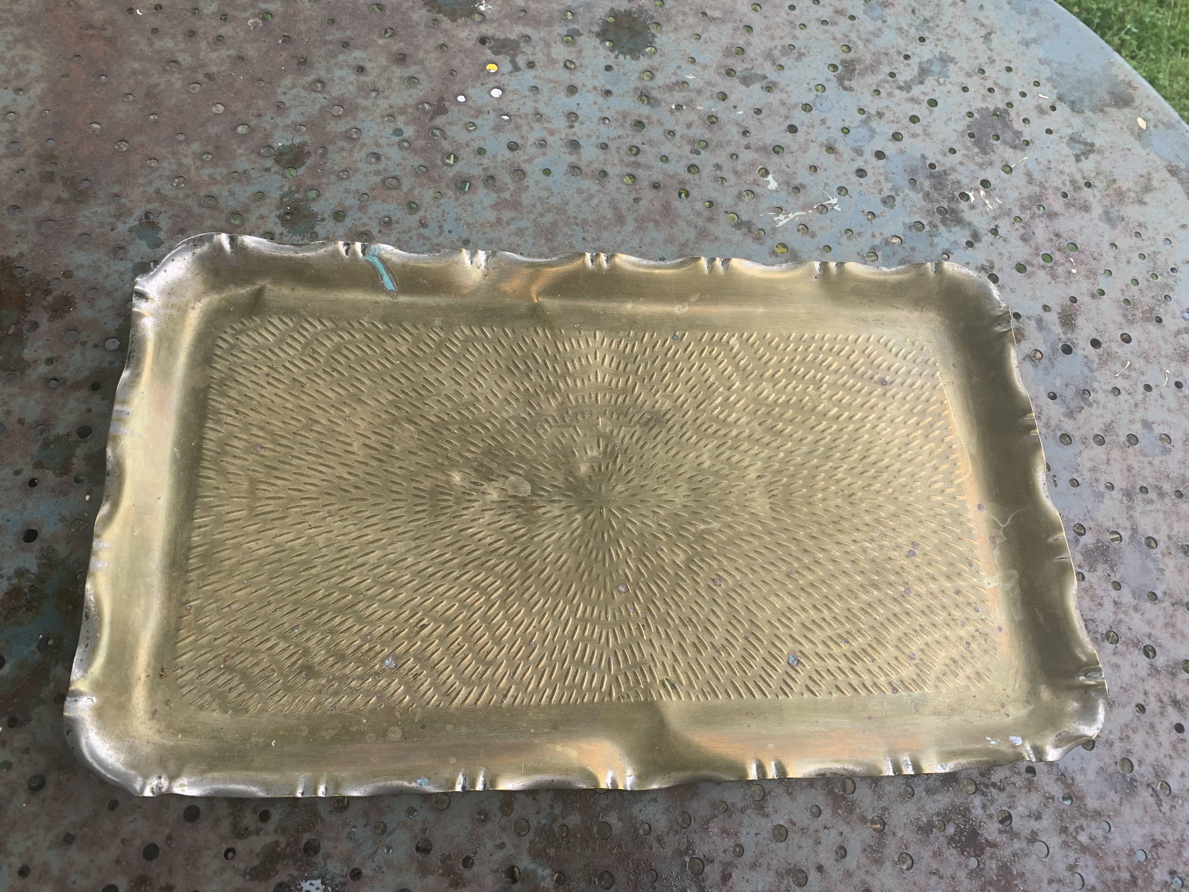 Large rectangular tray in vintage, artisanal and oriental hammered metal