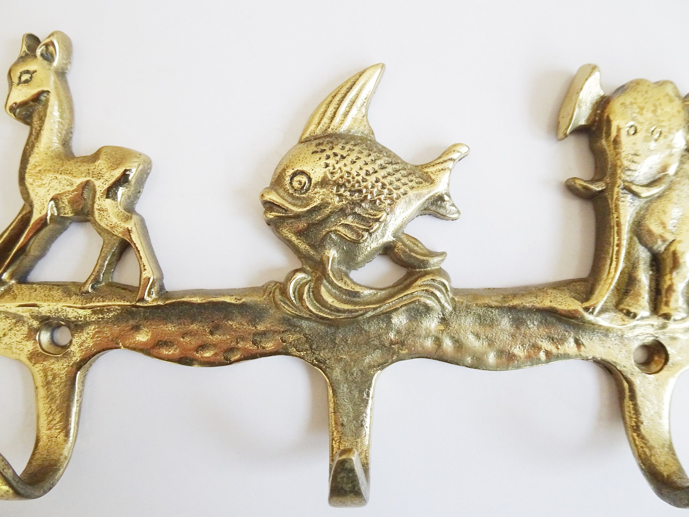 Brass coat rack with animal motif, wall hook children's room, key rack