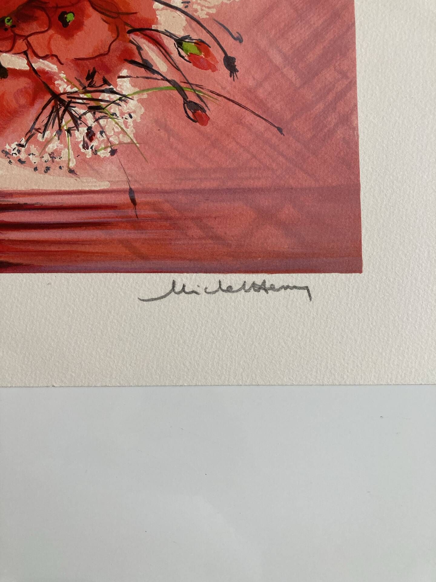 Lithographie originale signée Michel Henry - Bouquet de Coquelicots