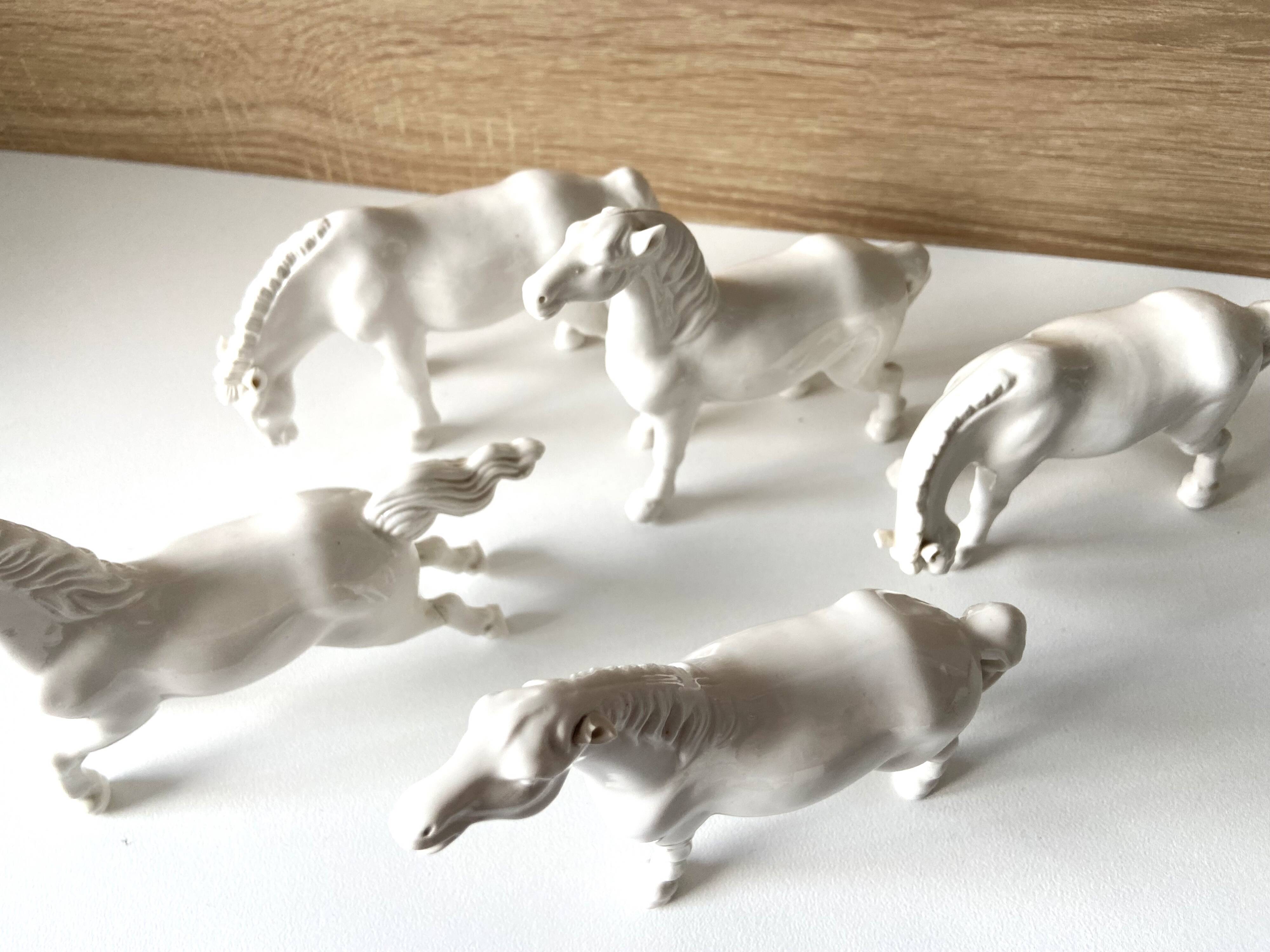 5 White Porcelain Glazed Horses of Happiness Figurines Statuettes