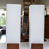 Pair of Louis Kalff opaline and teak wall lamps