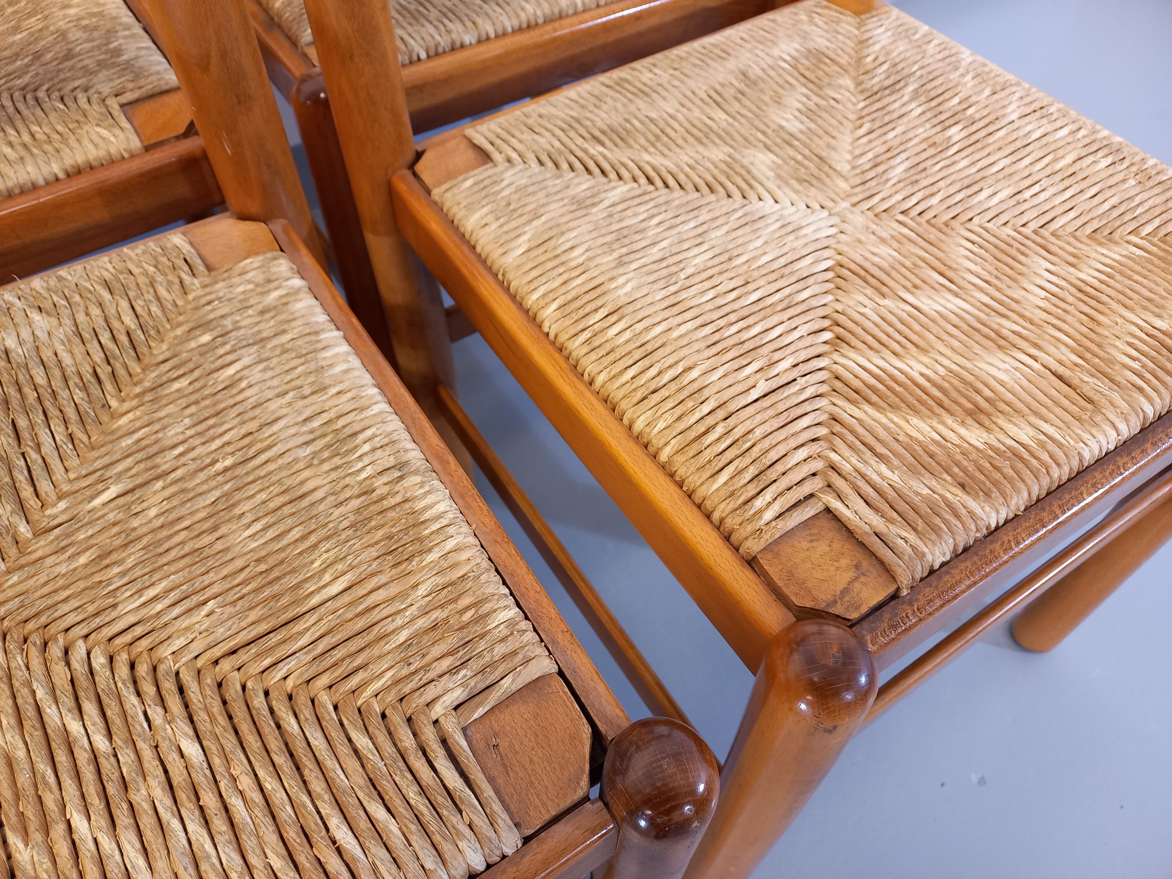 Suite of 6 vintage chairs in light wood and straw from the 70s 80s