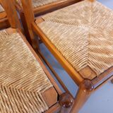 Suite of 6 vintage chairs in light wood and straw from the 70s 80s