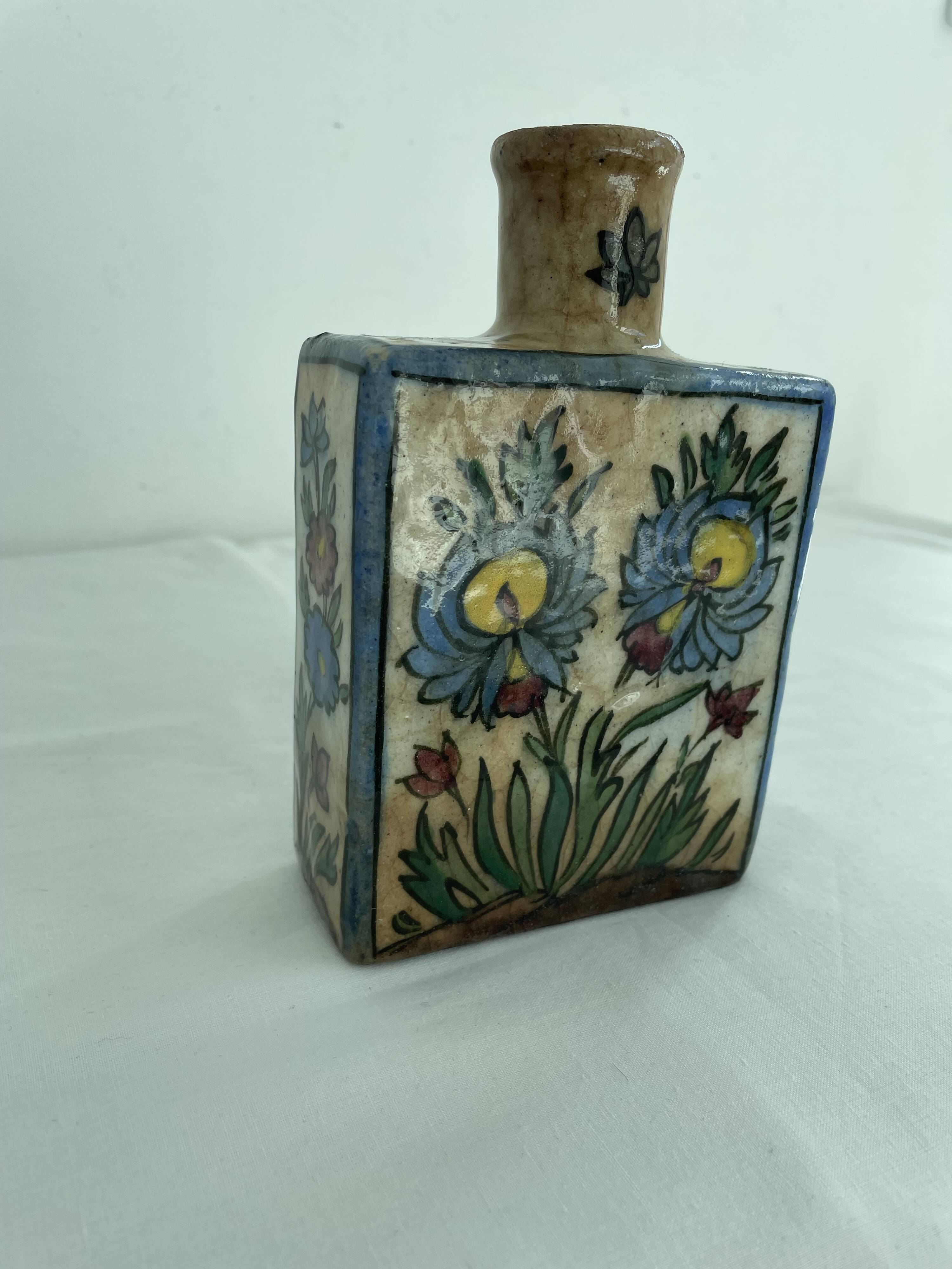 Persian bottle, antique vase with polychrome flower decoration, Kagjar style, antique ceramic