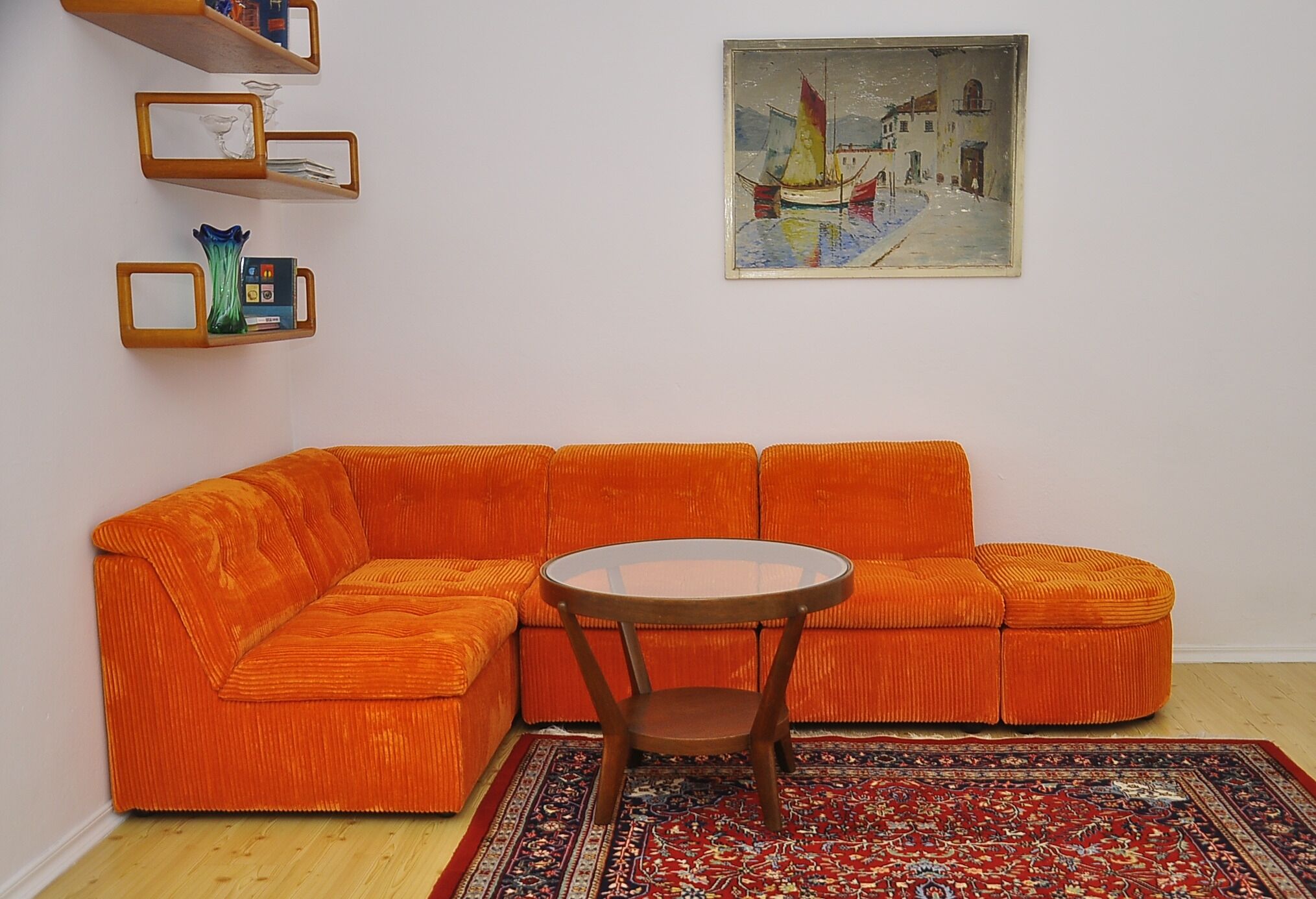 Orange corduroy modular sofa, 70s