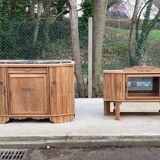 Parisian art deco 2-part sideboard renovated in solid oak and marble 1940 152c