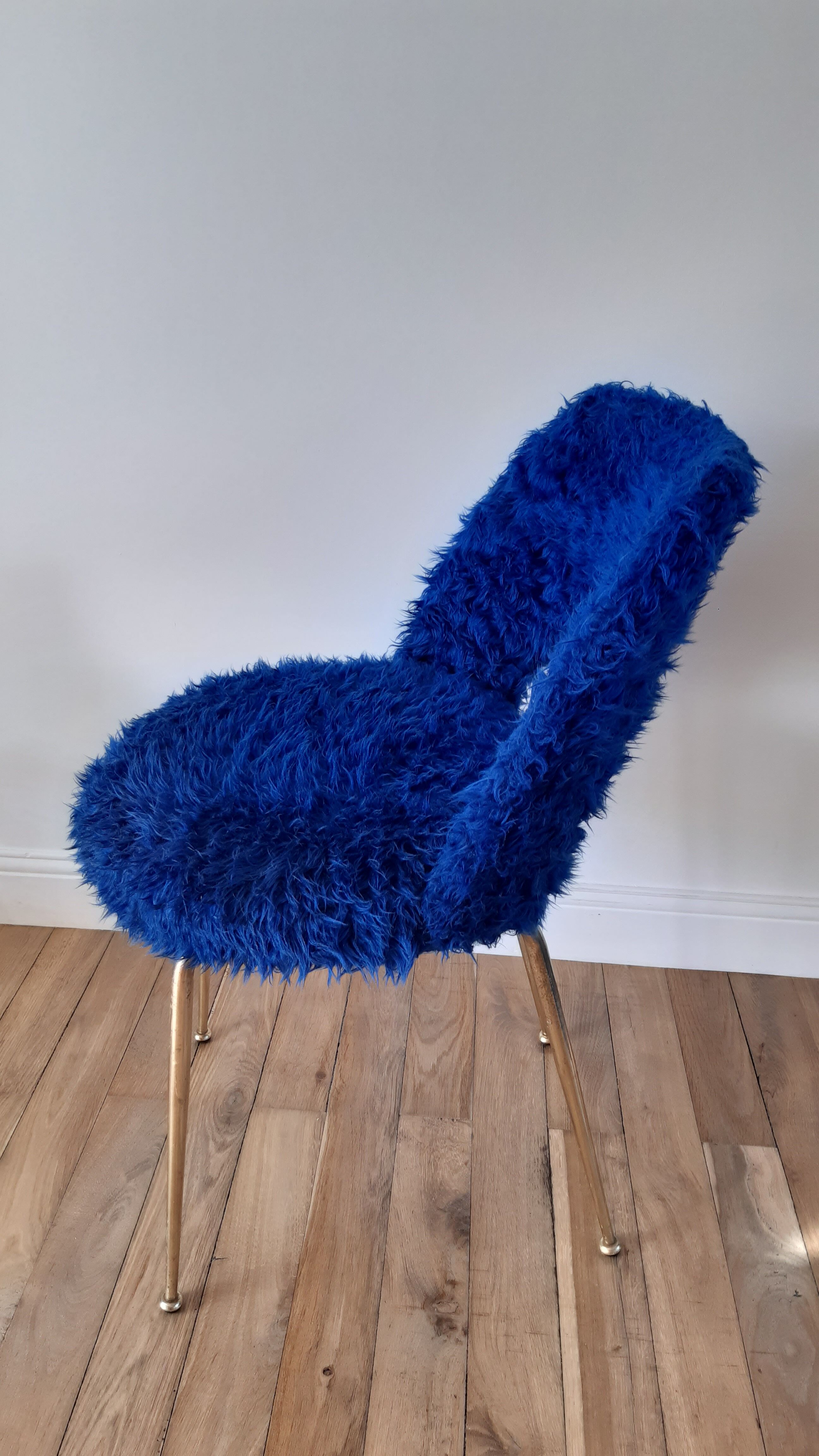 Chair in royal blue moumoute and brass legs 60s