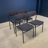 Set of 4 Gijs Van Der Sluis chairs aubergine fabric black steel legs 70s Netherlands