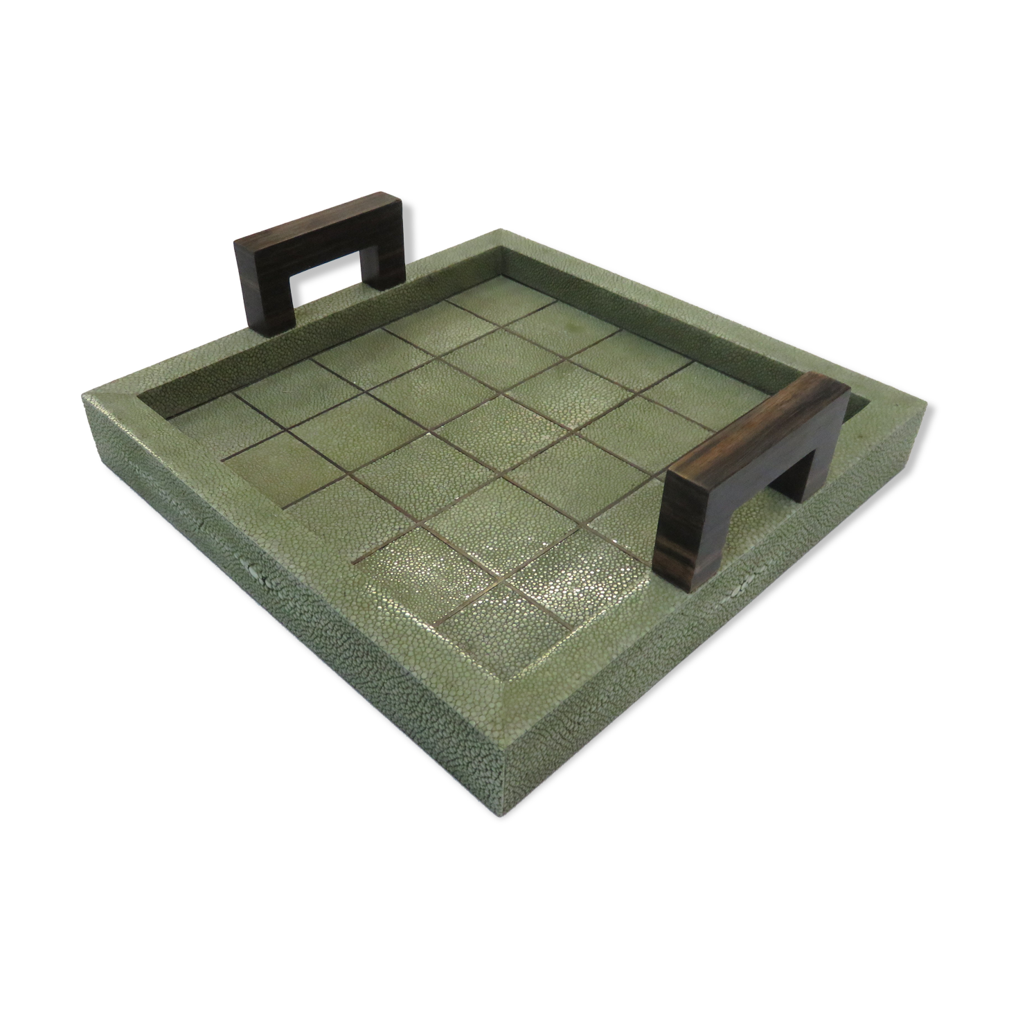 Plateau with green Galuchat grid with handles