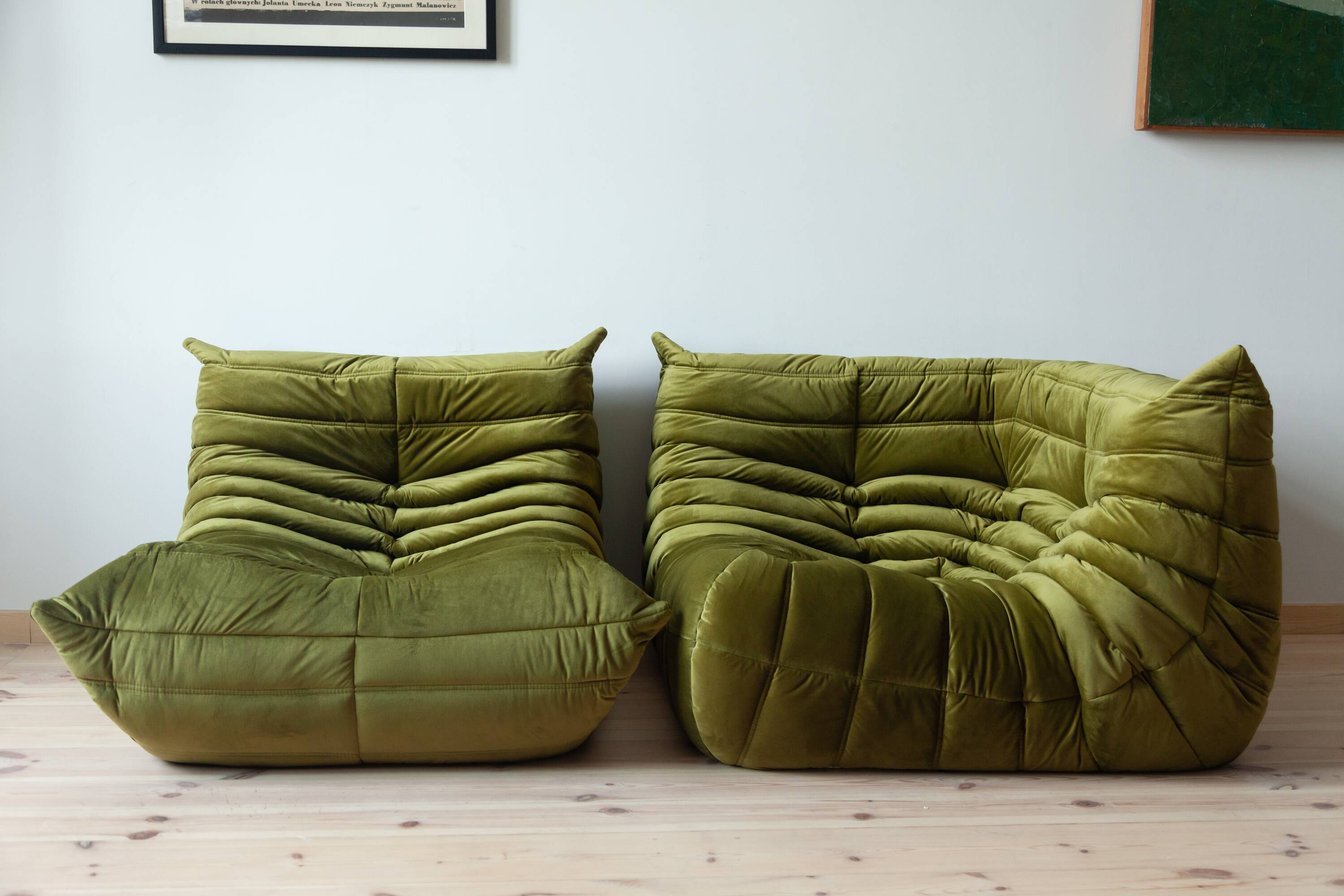Togo set of corner armchair and  lounge in olive green velvet