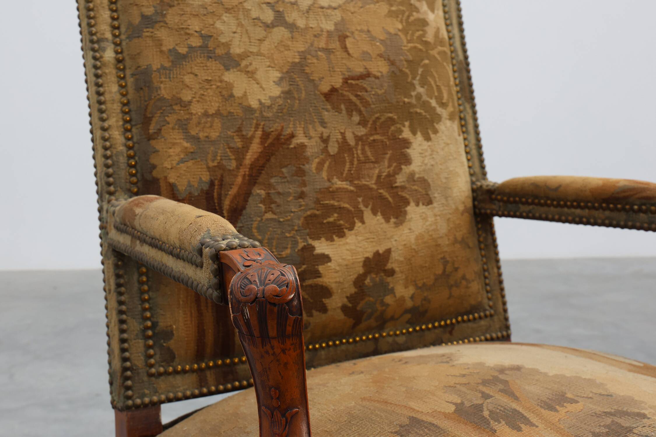 Carved Walnut Armchair with Cabriole Legs and Tapestry Upholstery, France