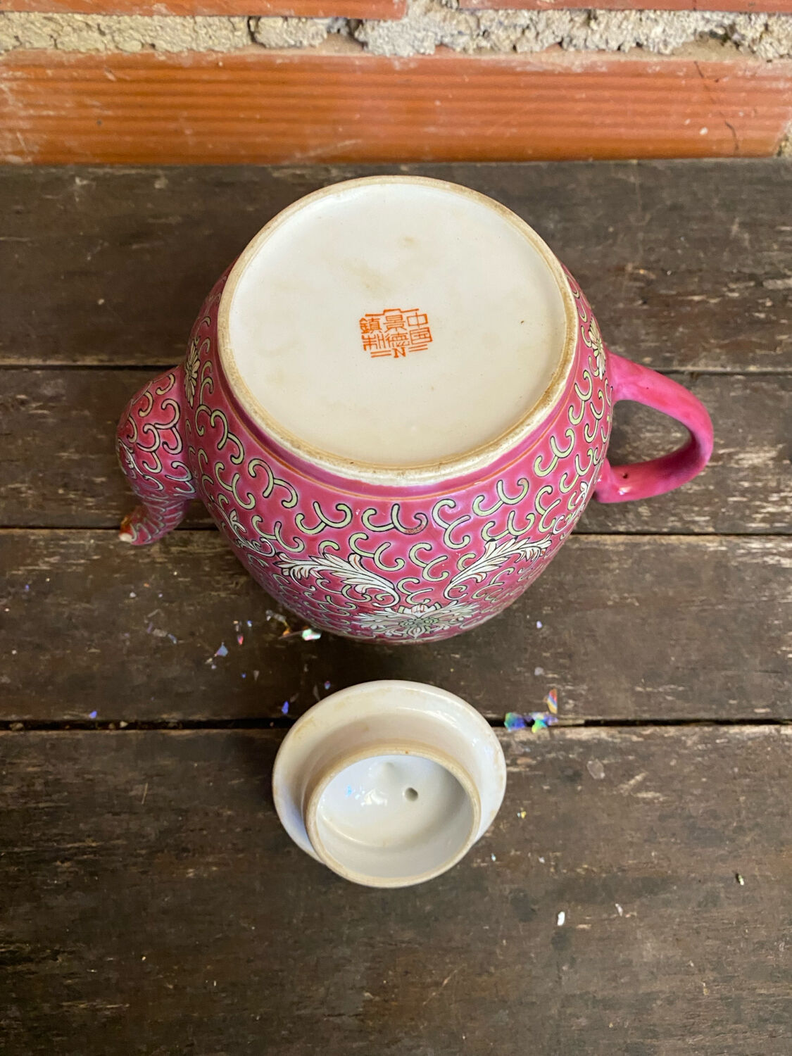 Antique MUN SHOU Teapot Pink Porcelain Flower Decor China Vintage #