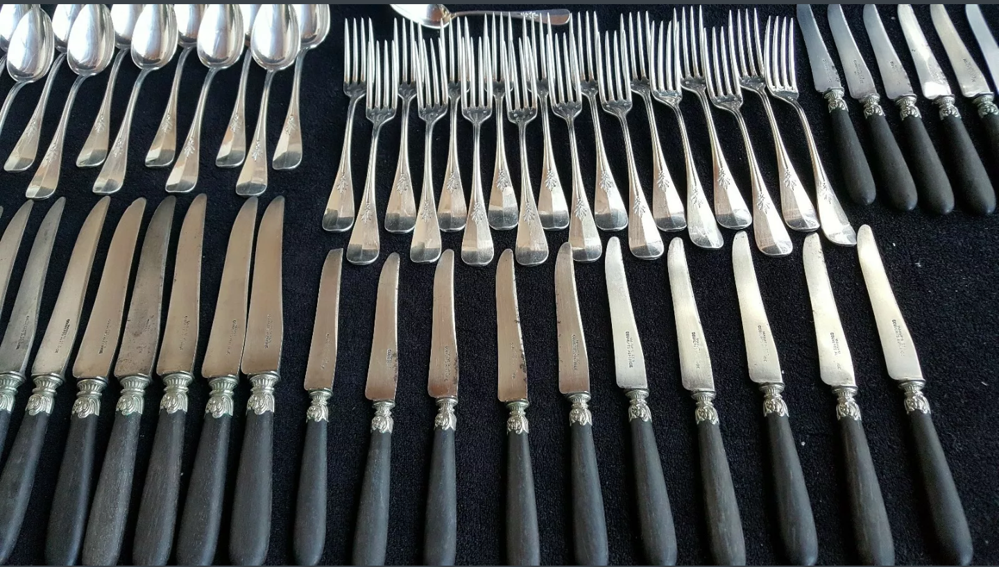 Cutlery set Alfenide Christofle 112 pieces goat's head punch white metal 1900