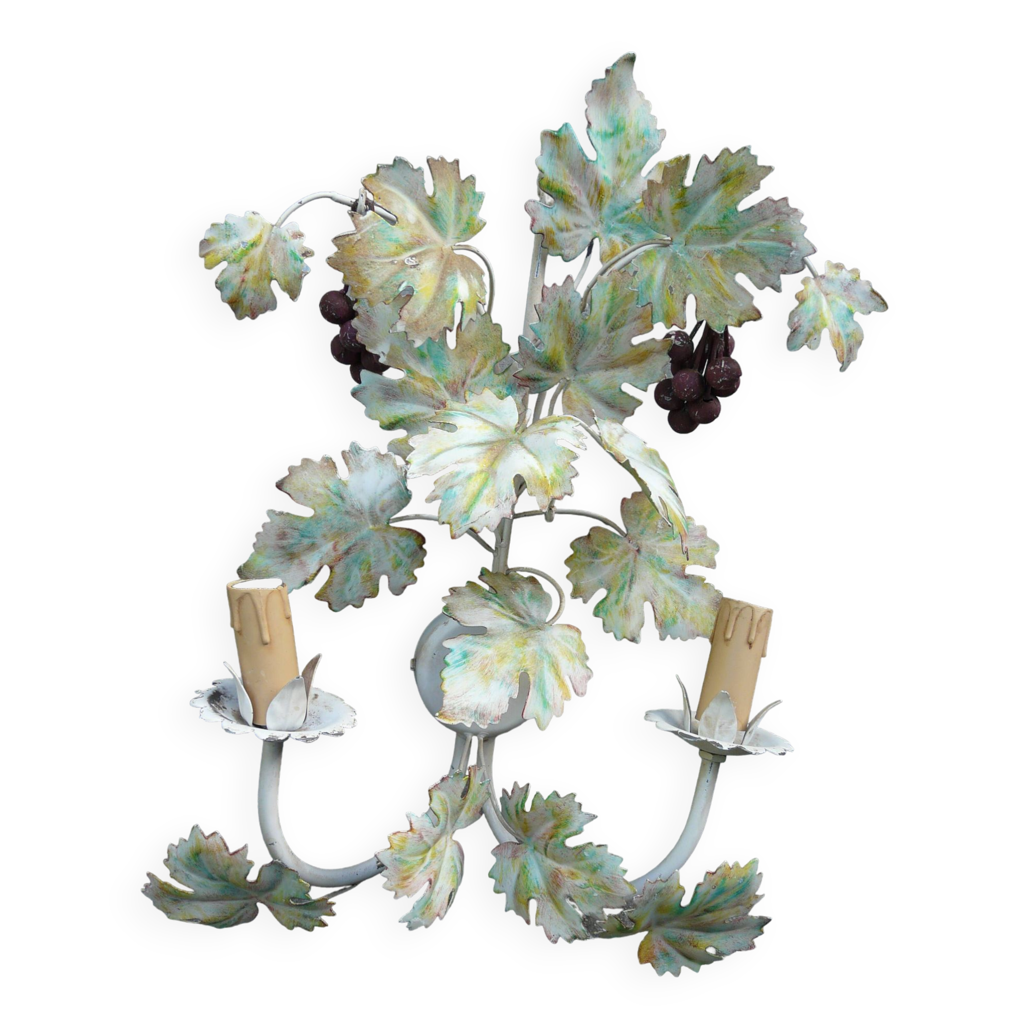 Large painted metal wall lamp with two arms vine/grape decoration
