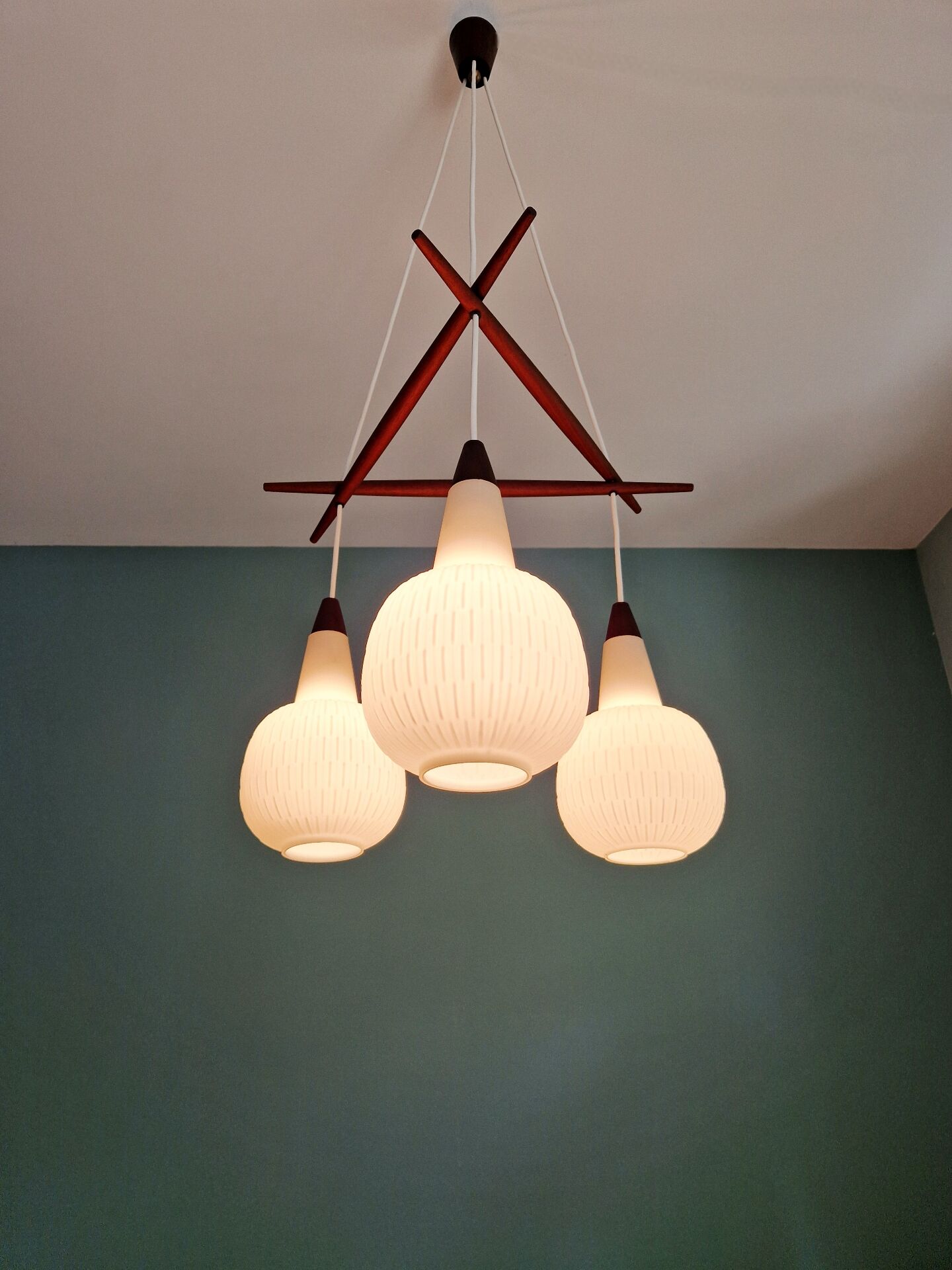 Scandinavian chandelier in teak and white opaline, 1960s