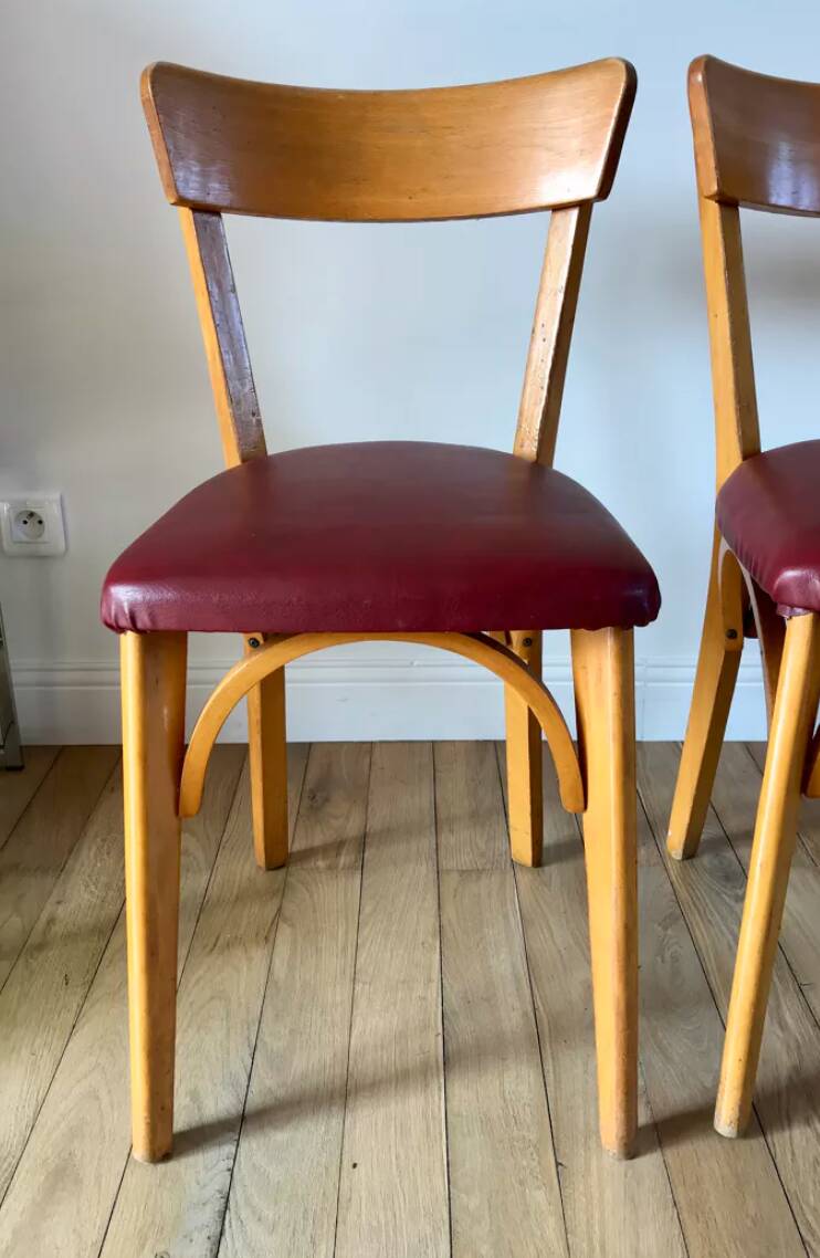 Set of 6 Luterma bistro chairs in blond wood and skaï 50s