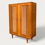 Rattan wardrobe and its compass-legged chest of drawers, 1960