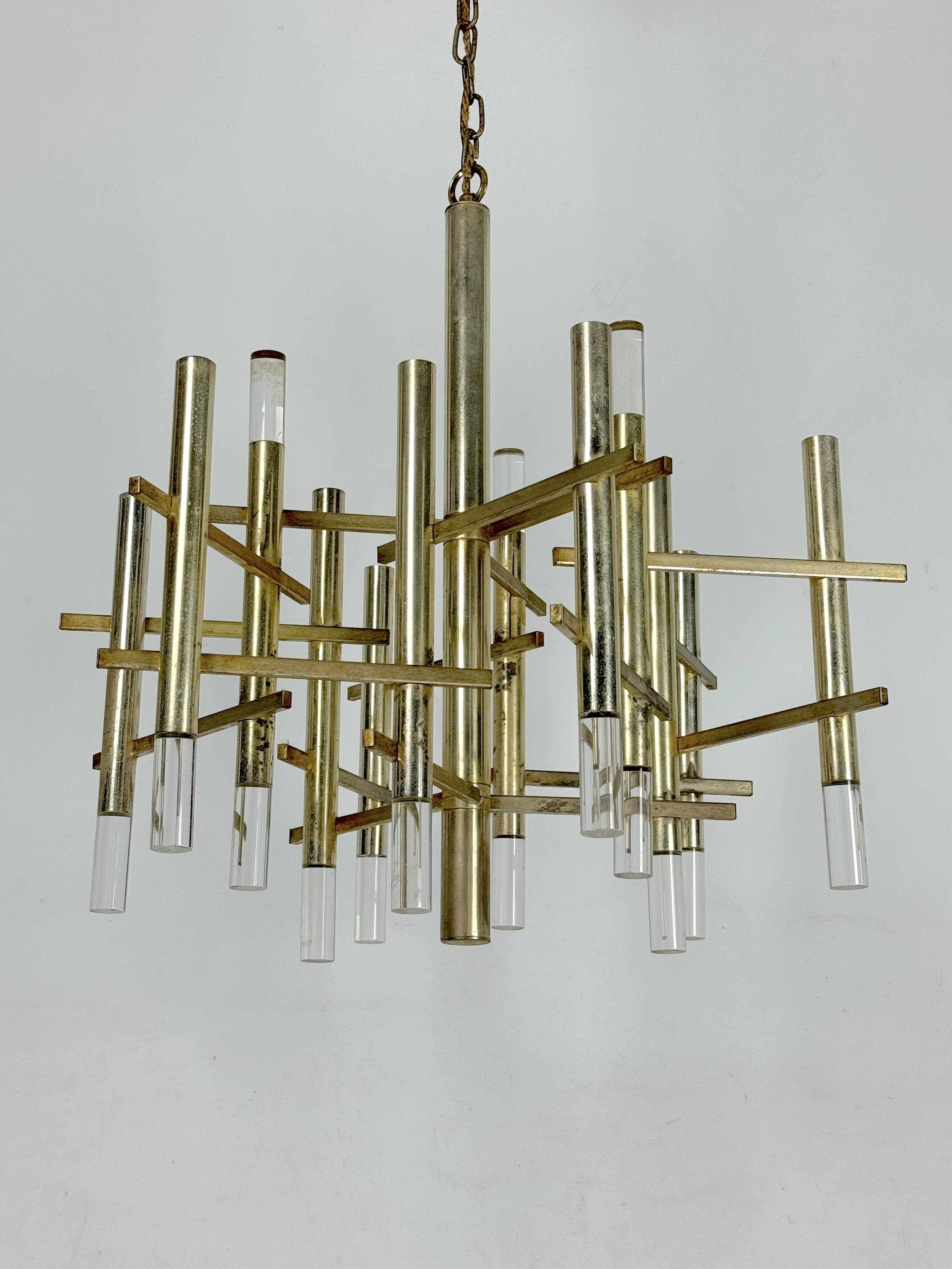 Sciolari 9 lights slight gilded chrome and perspex Chandelier model Ice, Italy 60s