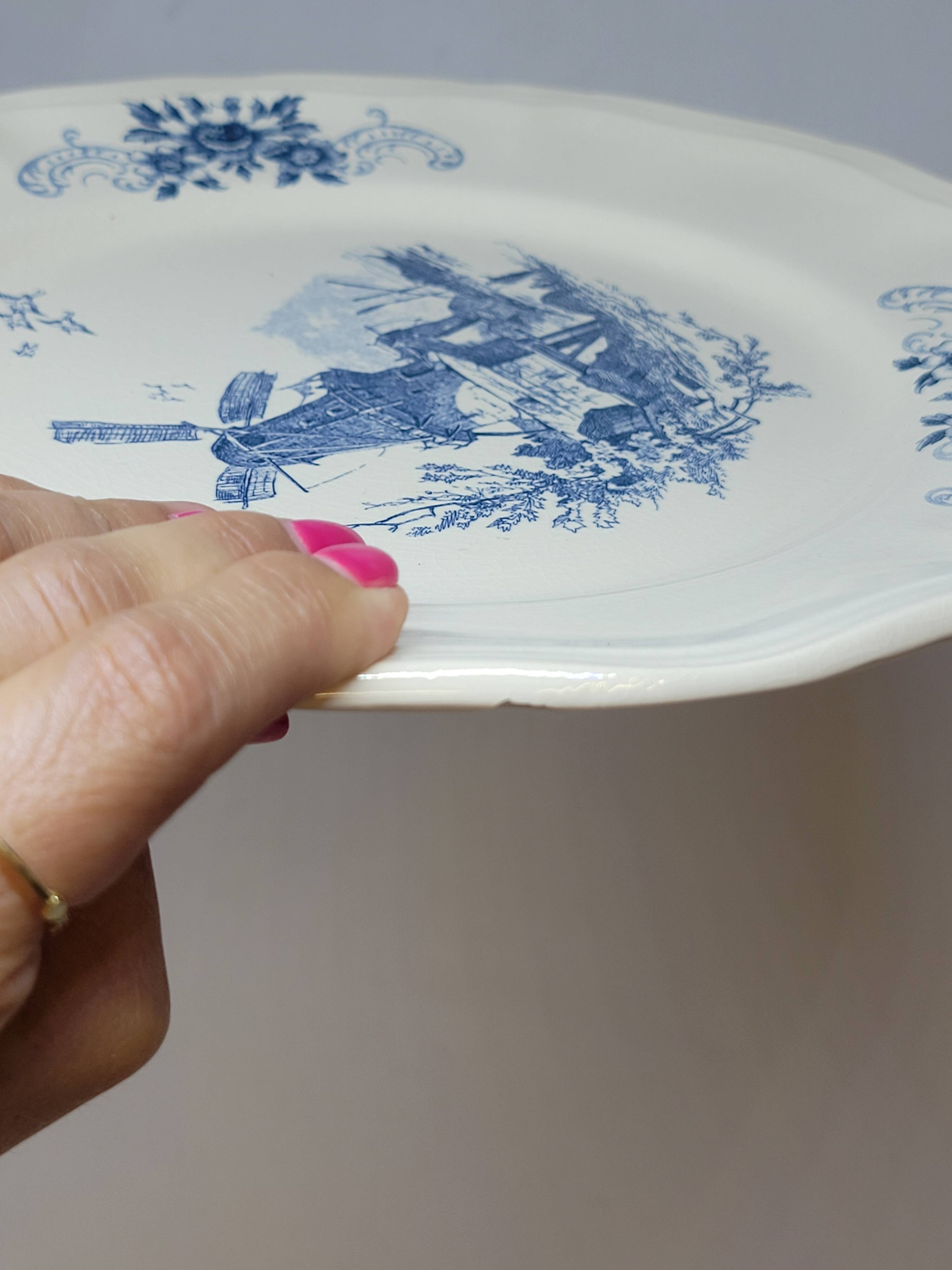 8 Large Vintage Sarreguemines Flanders and Surrey Dinner Plates, White Decor