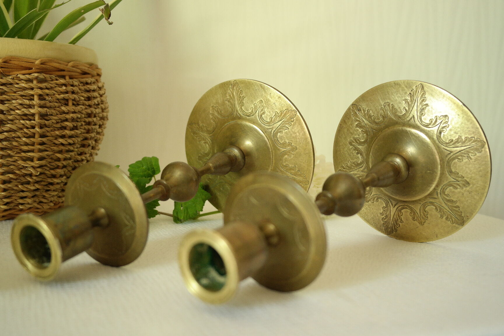 Pair of vintage engraved brass candle holders