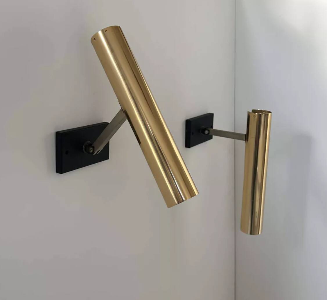 Pair of vintage modernist wall lights, brass, France 1970