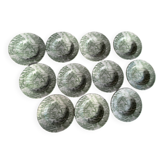 Set of 11 "English Style" plates in Green and White earthenware, made by
