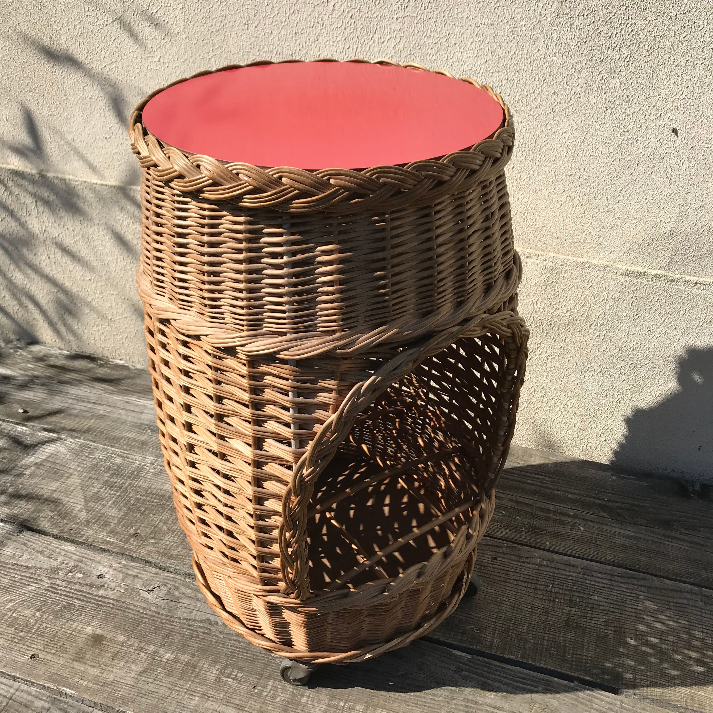 Bar roulant en osier vintage 1950-60