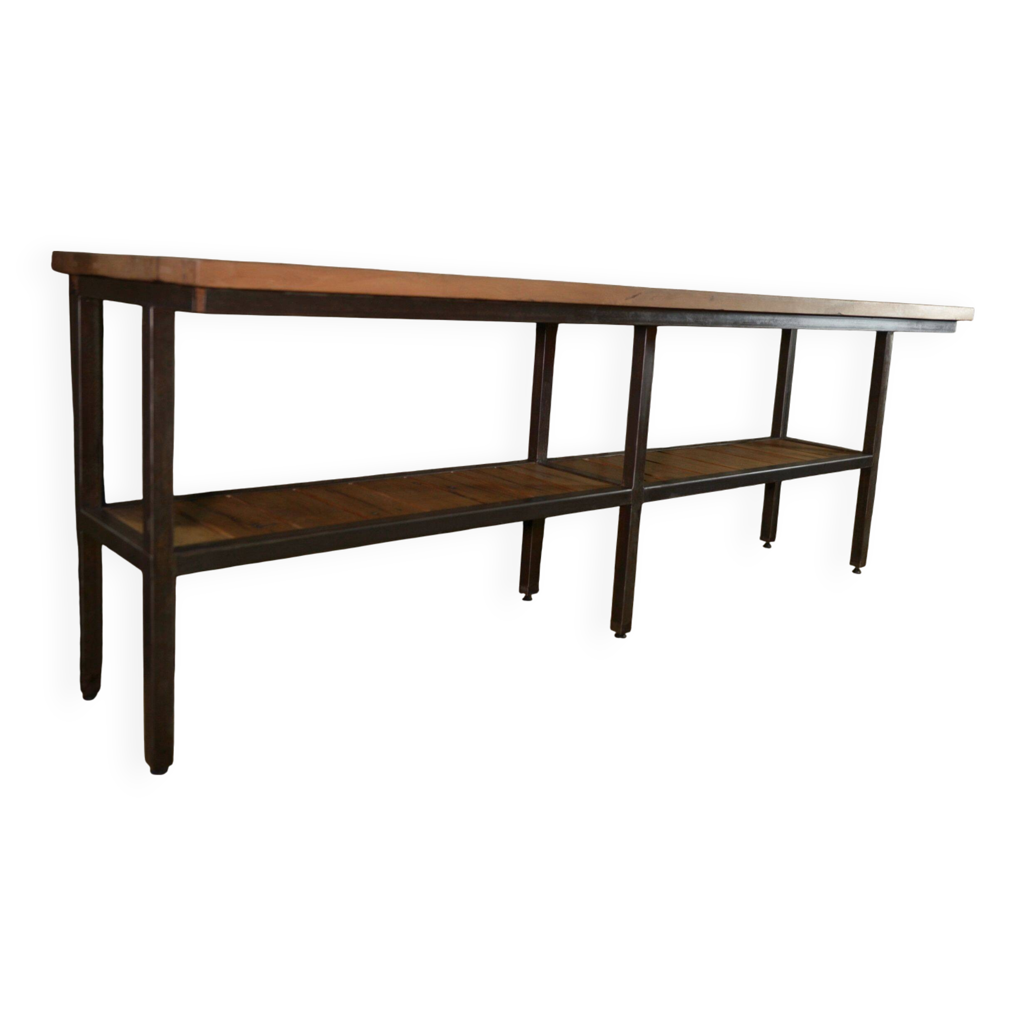 Large industrial metal console, 2 solid oak shelves