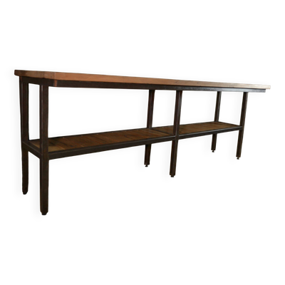 Grande Console industrielle en métal, 2 plateaux en chêne massif