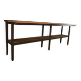 Large industrial metal console, 2 solid oak shelves