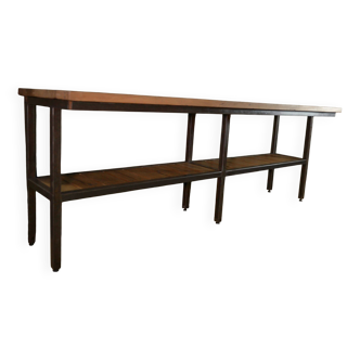 Grande Console industrielle en métal, 2 plateaux en chêne massif