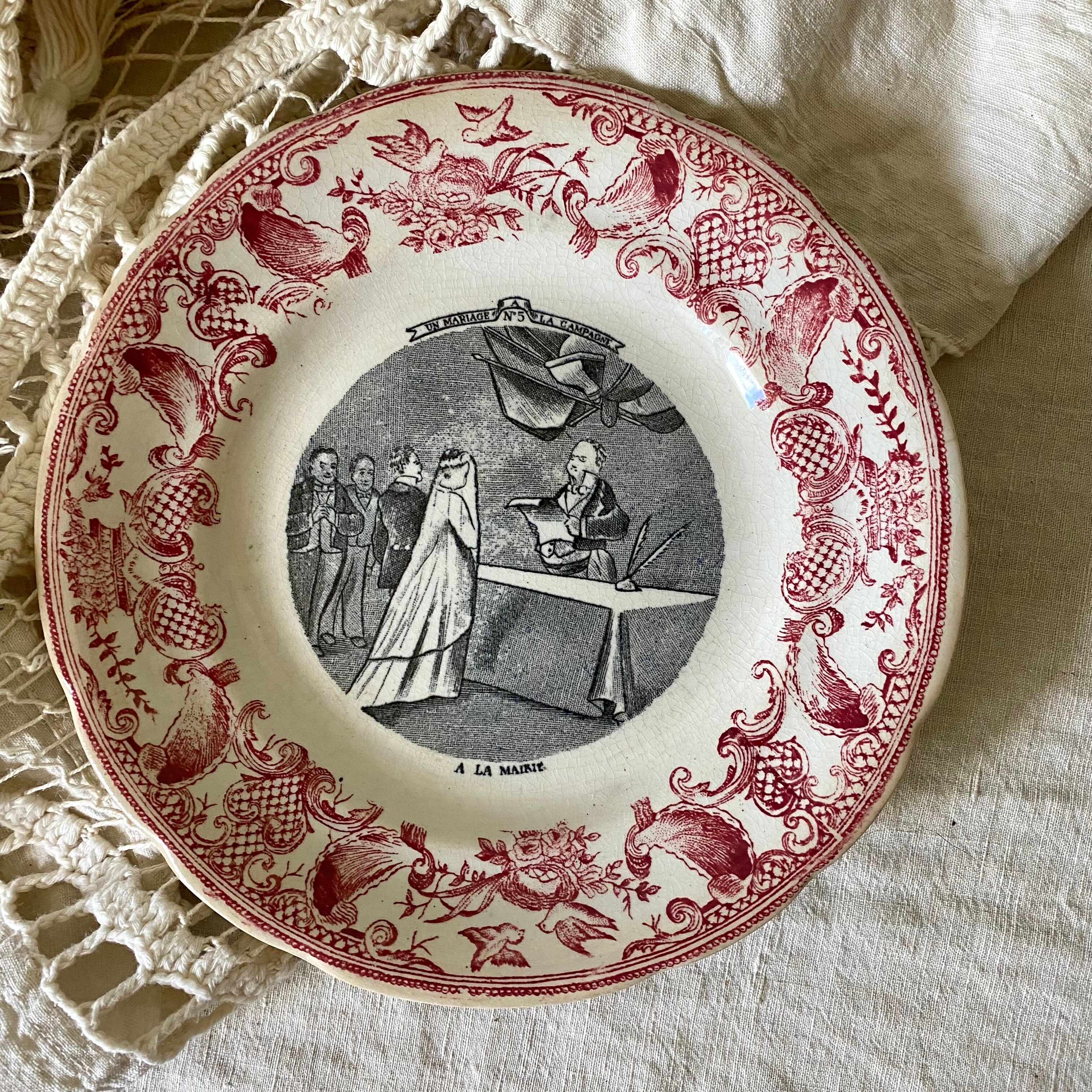Old talking plates Gien "a wedding in the countryside"