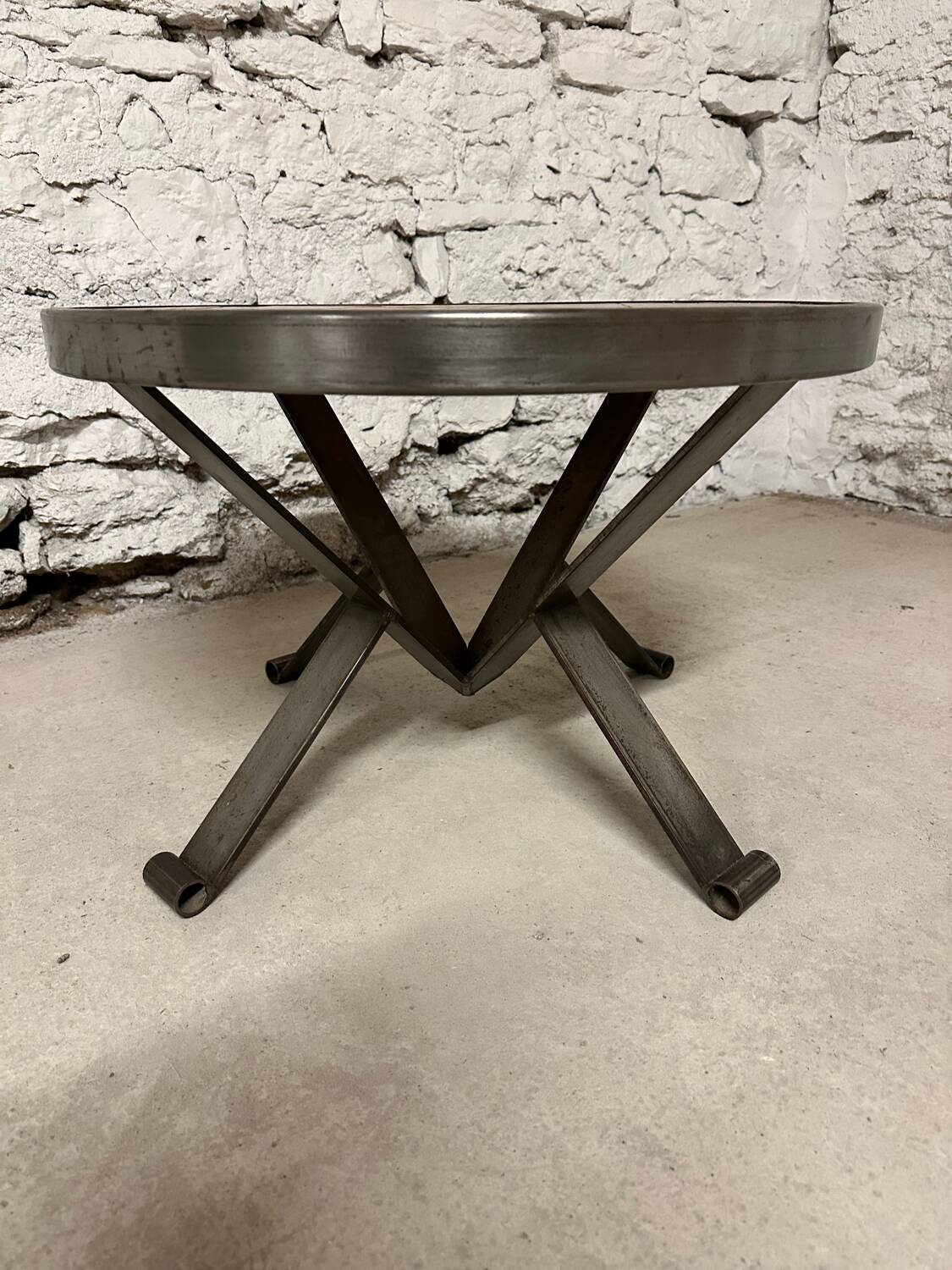 Vintage round ceramic and wrought iron coffee table