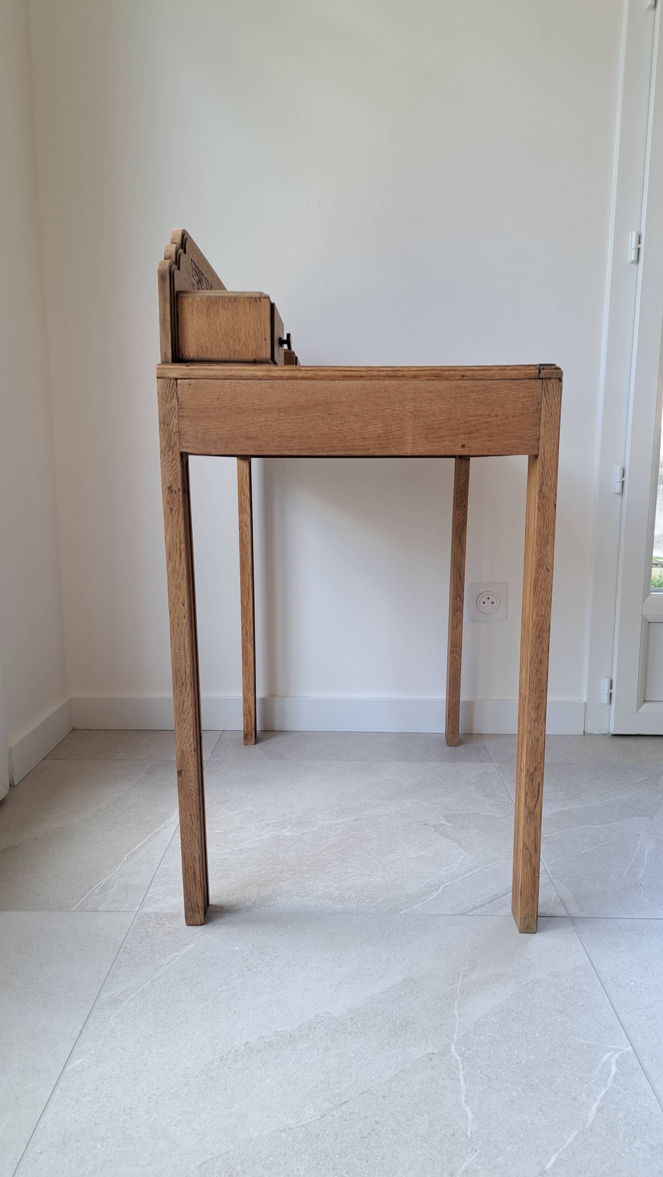 Art Deco oak desk, stripped finish, console size, 3 drawers.