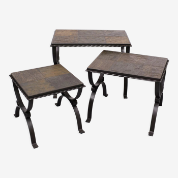 Slate stone brutalist nesting tables, 1970s, france