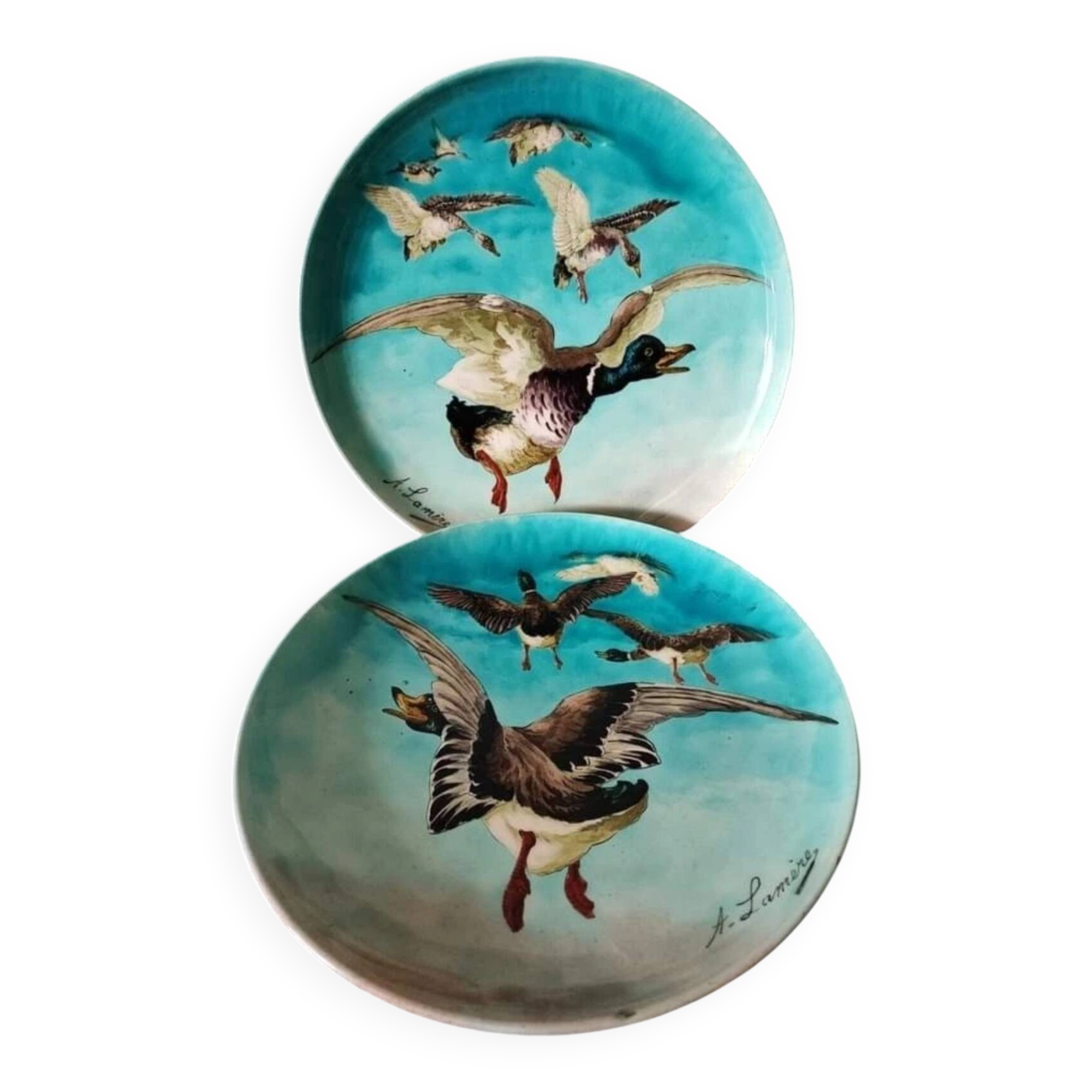 Pair of plates Auguste Lamère flying duck workshop Théodore Deck