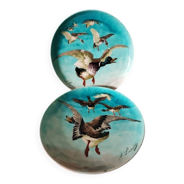 Pair of plates Auguste Lamère flying duck workshop Théodore Deck