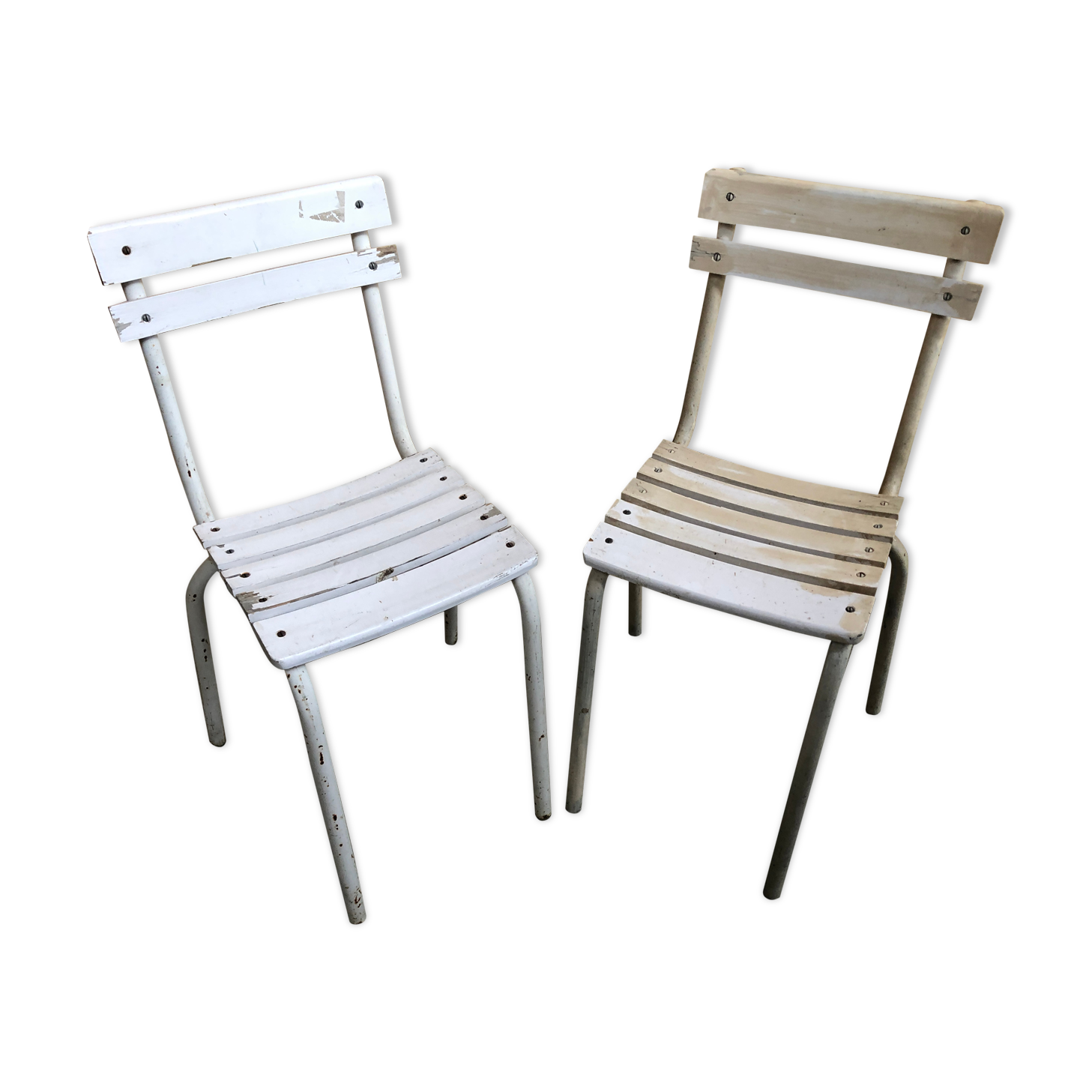 Pair Old Garden Chair Metal Structure + Vintage White Wood Slats