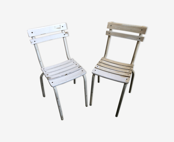 Paire ancienne chaise jardin structure métal avec lattes bois blanc vintage  | Selency