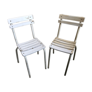Paire ancienne chaise jardin structure métal avec lattes bois blanc vintage