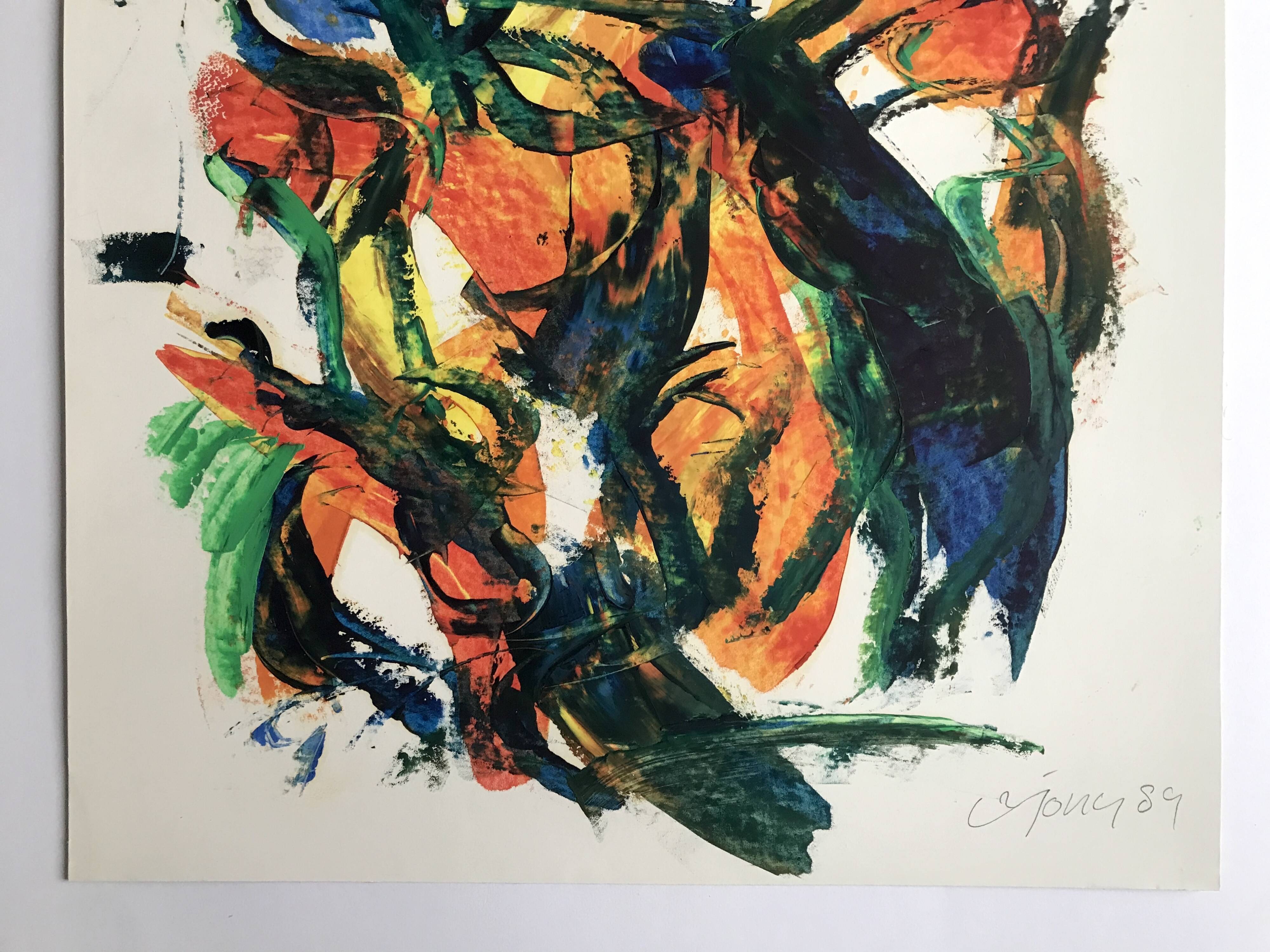 Composition abstraite orange et verte, gouache sur papier, 1989
