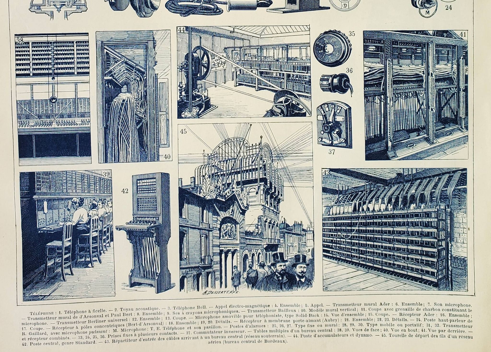 Gravure ancienne 1898, Téléphone ancien, télégraphe • Lithographie originale et vintage