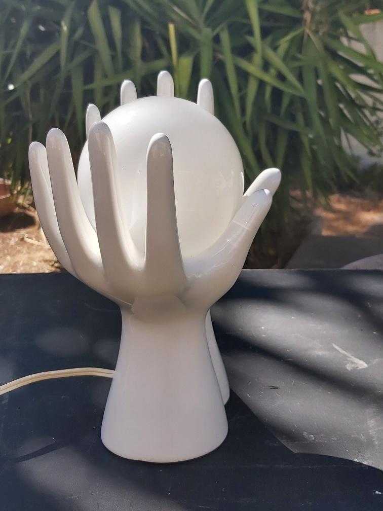 White ceramic hand lamp opaline ball 70s