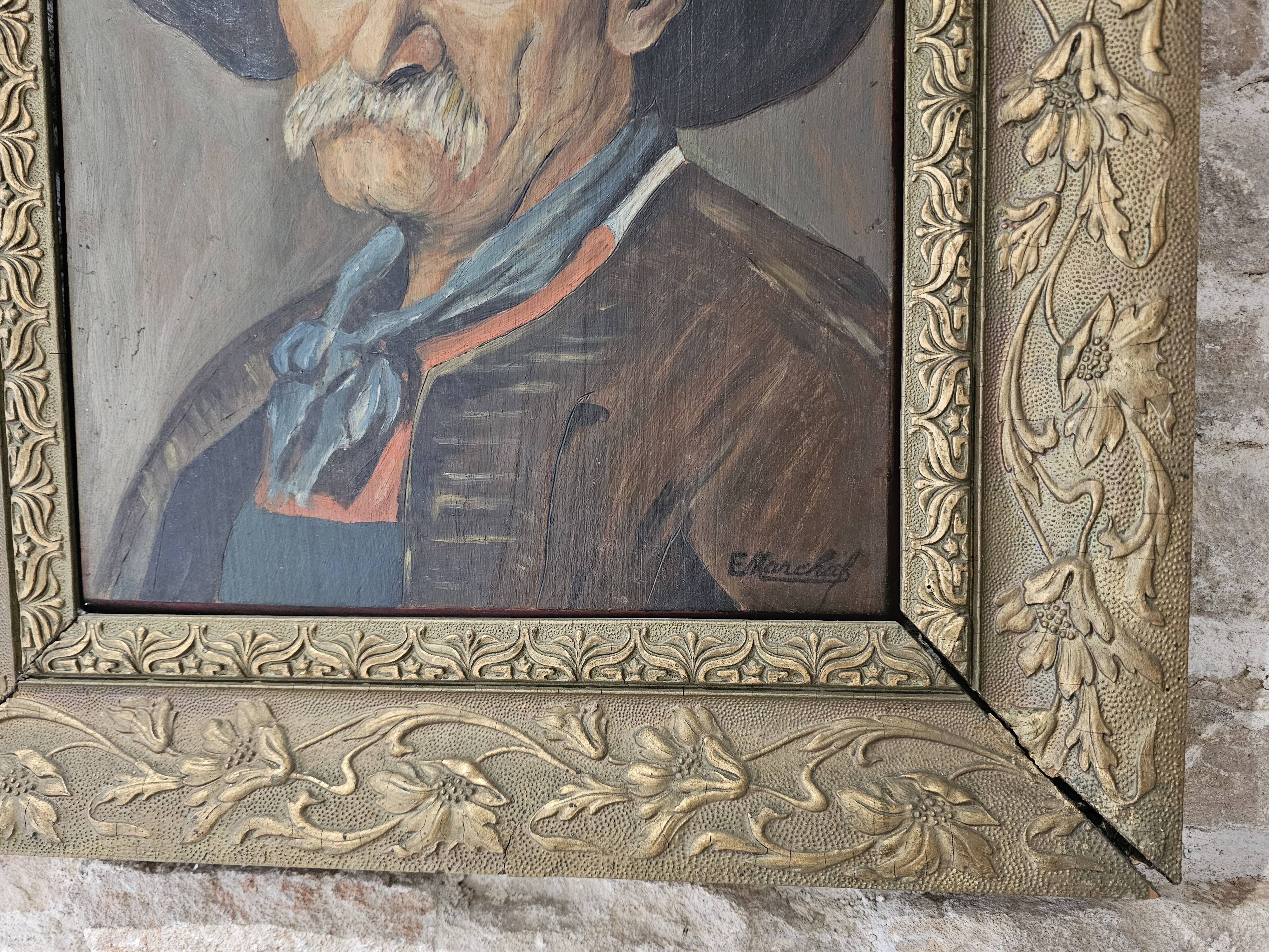 Oil painting on panel, The Mustachioed Man in a Hat, Signed E. Marchal